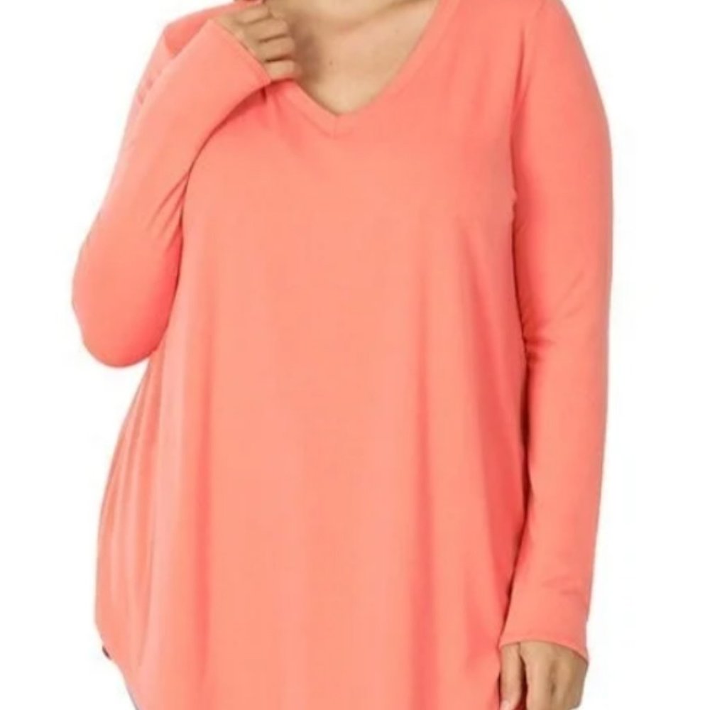 Women's Zenana Deep Coral Long Sleeve V~Neck Top w/Round Bottom Hem